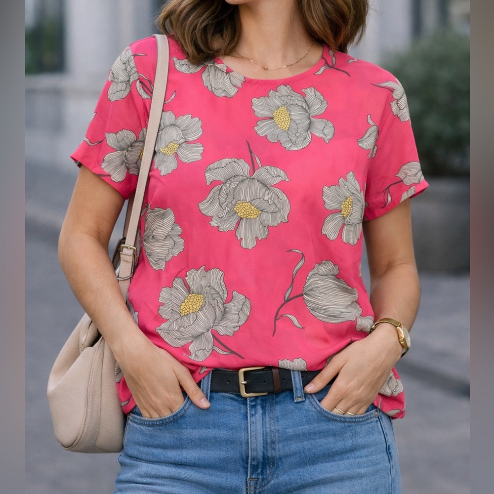 Worthington Pink Floral Sheer Blouse Medium Office Career Short Sleeve To